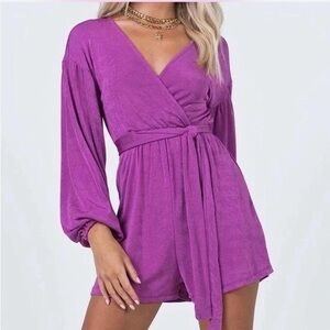 Princess Polly Romper Women 2 Long Sleeve Belted Purple Shimmer